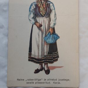 EW AEGNE POSTKAART. NAINE "RATAS-ÜLLIGA" JA PIIRATUD JUUSTEGA, SEELIK PLISSEERITUD. KARJA.
